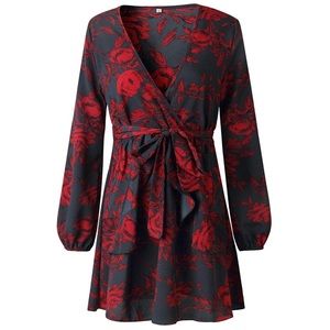 NWOT red floral v neck mini wrap dress